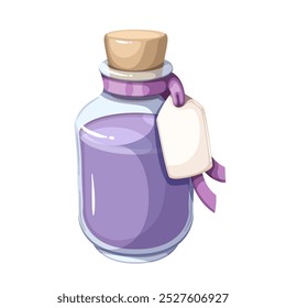 Bottle of lavender oil with cartoon cork. Jar of natural cosmetics with lilac liquid and label on ribbon. Beauty product, selfcare and aromatherapy mascot, cartoon lavender extract vector illustration