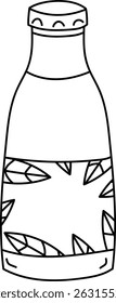 A bottle with leaf patterns drawn in a clean line style. The design features a simple bottle adorned with geometric leaves. Cartoon vector illustration.