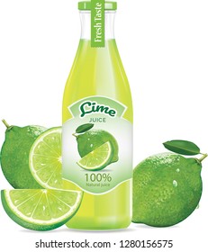 Bottle of lemon juice and fresh lemons. Isolated on white background.illustration vector