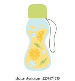 Bottle with lemonade. Cool lemonade with pieces of lemon, mint and ice. Vector illustration isolated on white background. Flat style.