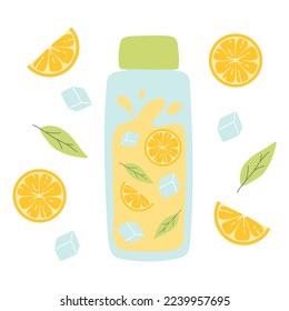 Botella con limonada. Limonada fría con trozos de limón, menta y hielo. Ilustración vectorial aislada en fondo blanco. Estilo plano.