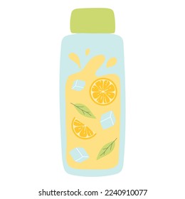 Bottle with lemonade. Cool lemonade with pieces of lemon, mint and ice. Vector illustration isolated on white background. Flat style.