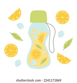 Bottle with lemonade. Cool lemonade with pieces of lemon, mint and ice. Vector illustration isolated on white background. Flat style.
