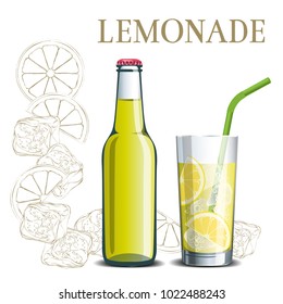 Bottle of lemonade and a glass on the background of a sketch of a lemon and ice, an illustration for a menu