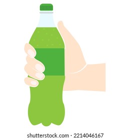 Bottle lemonade holding in hand. Refreshing drink. Vector illustration flat design. Isolated on white background. Plastic tarre. Lemonade fizzy