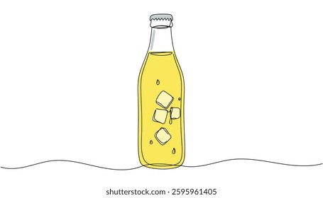 Bottle of lemonade with ice, drink. Continuous one line drawing. Vector illustration.