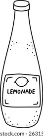 Una botella de limonada con una etiqueta y un icono de limón en un estilo dibujado a mano. El boceto presenta un diseño de botella simple con detalles punteados. Ilustración vectorial de dibujos animados.