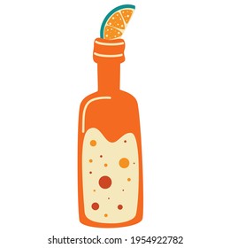 Bottle of lemonade and a slice of lemon. Hand drawn cocktails vector illustration. Label design template. Fresh lemonade in bottles. Label design template. Flat vector cartoon illustration 
