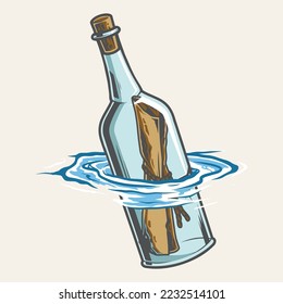 Bottle with letter colorful label paper bundle in glass bottle floats in sea water to illustrate adventure stories vector illustration