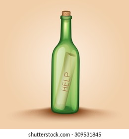 Bottle with a letter help. Vector illustration