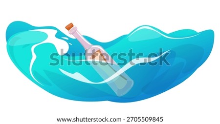 Bottle with letter inside is floating in sea. Ocean water wave. Help and rescue message for help from shipwrecked person. Nautical SOS note. Parchment scroll mail. Notice container. Vector concept