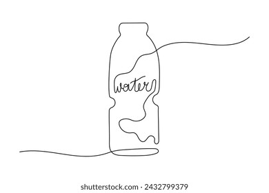 Bottle with lettering Water one continuous line style. Hand drawn aqua container concept for sport fitness and healthy lifestyle. Importance sufficient fluid in body. Drink in single editable stroke