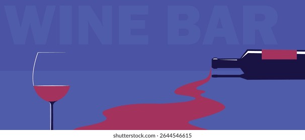 A bottle lies with wine flowing out of it, a glass, a horizontal poster, suitable for a wine bar, a wine list and kitchen design. Vector illustration of alcohol, red wine chardonnay, merlot, flat styl