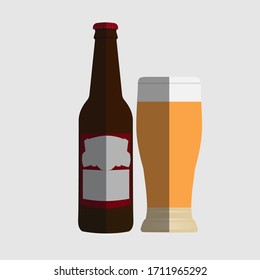 bottle of light beer and a glass of beer on a dark background, vector illustration, flat design