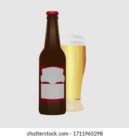 botella de cerveza ligera y vaso de cerveza en un fondo oscuro, ilustración vectorial