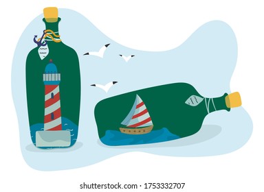 Bottle with lighthouse and sailboat inside, vector illustration. Creative concept of saving vacation memories, romantic souvenir from seaside. Bottle with symbols of ocean, lighthouse and sailing boat