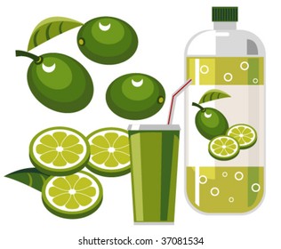 Bottle of lime flavored soda with limes, cup and straw
