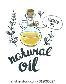 Bottle with linseed oil. Vector isolated objects
