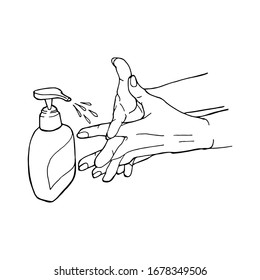 Bottle of liquid antibacterial soap with dispenser. Woman washing hands. Moisturizing sanitizer. Disinfection, hygiene, skin care concept. Vector illustration sketch doodle hand drawn isolated.