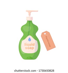 Bottle of liquid antibacterial soap with dispenser. Hand sanitizer. Vector cartoon flat design illustration for skin care, spa ad, cosmetics companies, web pages design.