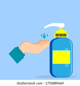 Bottle of liquid antibacterial soap with dispenser. Man washing hands. Moisturizing sanitizer. Disinfection, hygiene, skin care concept. Vector illustration in flat style