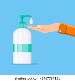 Bottle of liquid antibacterial soap with dispenser. Man washing hands. Moisturizing sanitizer. Disinfection, hygiene, skin care concept. Vector illustration in flat style