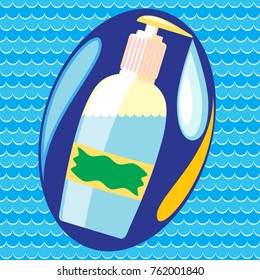 A bottle of liquid antibacterial soap fragrant on a background of sea waves. Hygiene, care of skin