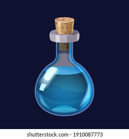 Bottle with liquid blue potion magic elixir game icon GUI. Vector illstration for app games user interface isolated cartoon style