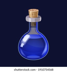 Bottle with liquid blue potion magic elixir game icon GUI. Vector illstration for app games user interface isolated cartoon style