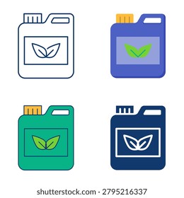 Bottle with liquid fertilizer icon set. Package with a leaf label. Vector illustration