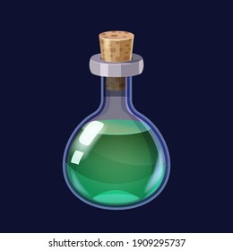 Bottle with liquid green potion magic elixir game icon GUI. Vector illstration for app games user interface isolated cartoon style