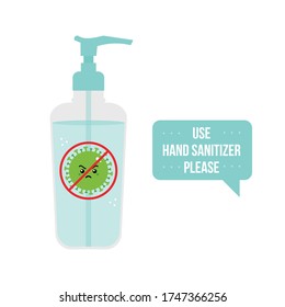 Bottle of liquid hand sanitizer gel, antibacterial concept illustration. Use hand sanitizer message in speech bubble.