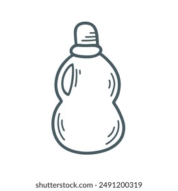 Bottle with liquid laundry detergent doodle sketch style illustration. Hand drawn plastic bottle with cup for liquid, vector graphic