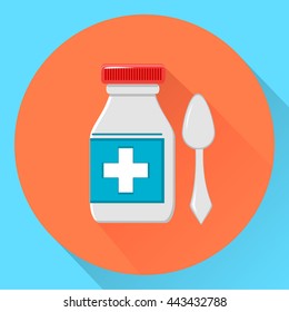 Bottle for liquid medicine and little plastic spoon. Flat style vector illustration