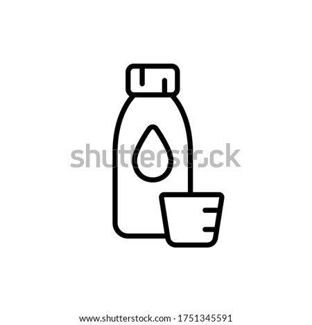 Bottle of liquid medicine with measuring cup. Vial with drop icon. Linear emblem of cough syrup, laxative, tincture. Black illustration of pharmacy products. Contour isolated vector, white background