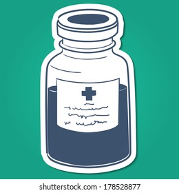Bottle with liquid mixture. Sketch sticker vector element for medical or health care design