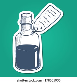 Bottle with liquid mixture. Sketch sticker vector element for medical or health care design