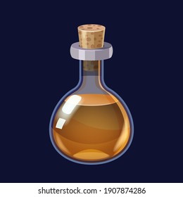 Bottle with liquid orange potion magic elixir game icon GUI. Vector illstration for app games user interface isolated cartoon style