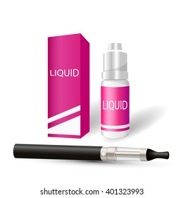 Bottle with liquid, paper box and electronic cigarette. Liquid to vape. Vial liquid