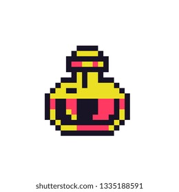 Bottle of liquid pixel art icon. Design for logo, sticker, mobile app, website, badges and patches. 8-bit sprite. Perfume glass bottle isolated vector illustration. 