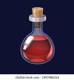 Bottle with liquid red potion magic elixir game icon GUI. Vector illstration for app games user interface isolated cartoon style