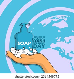 Botella de jabón líquido sobre la mano espumosa con la tierra y texto en negrita sobre fondo azul claro para conmemorar el Día Mundial del Lavado de Manos el 15 de octubre