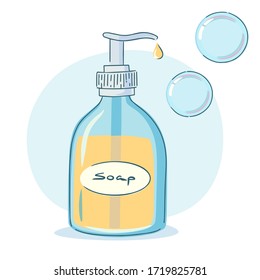 A bottle of liquid soap and bubbles. Isolated on a white background.  Cartoon style. Vector