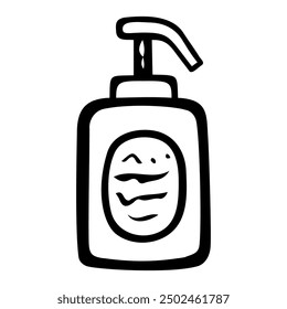 Bottle of liquid soap with dispenser hand drawn doodle. Hand washing and disinfection. Personal hygiene. Vector outline line art illustration.