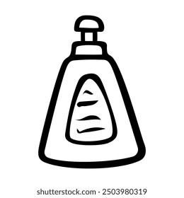 Bottle of liquid soap hand drawn doodle. Hand washing and disinfection. Personal hygiene. Vector outline line art illustration.