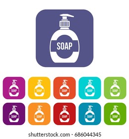 Bottle of liquid soap icons set vector illustration in flat style in colors red, blue, green, and other