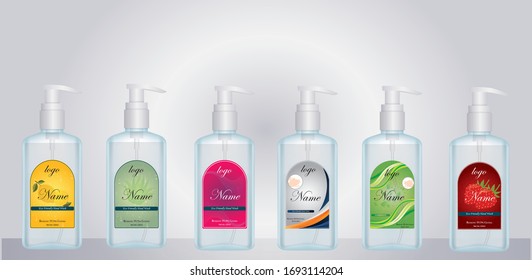 Bottle with liquid soap with label designs for your product. Plastic bottle with label ready for mock up. vector