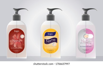 Bottle with liquid soap with label designs for your product. Plastic bottle with label ready for mock up. vector