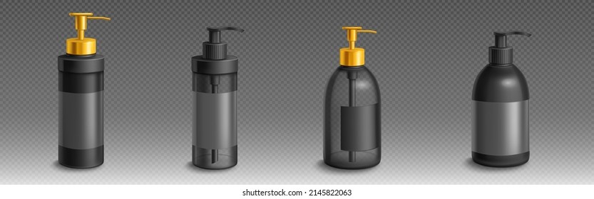 Frasco para jabón líquido o loción 3d vectorial mockup. Paquetes de plástico negro aislados con dispensador de oro para baño o inodoro. Contenedores de bombeo sin aire de gel antibacteriano o antiséptico, maqueta realista