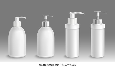 Bottle for liquid soap or lotion 3d vector mockup. Isolated antibacterial or antiseptic gel airless pump containers, white blank plastic packages with dispenser for bath or toilet, Realistic mock up